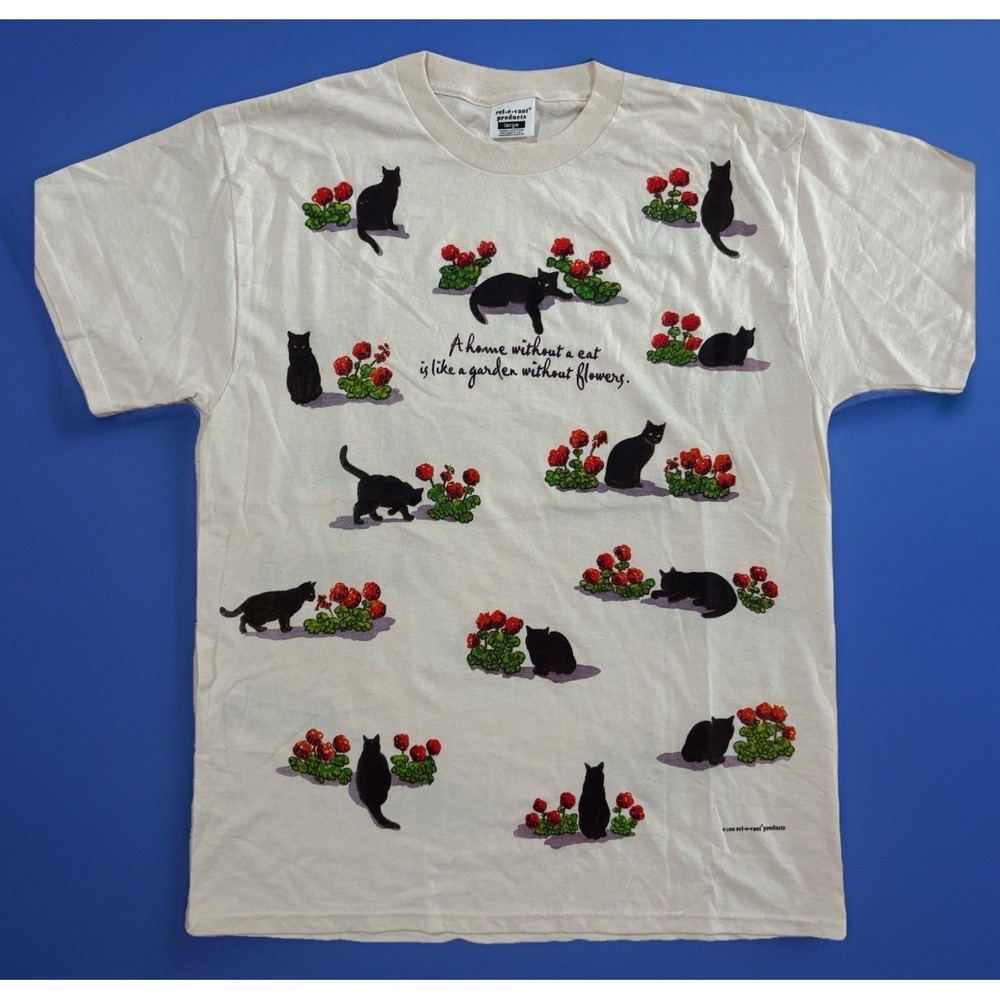 Vintage 90s Cat T Shirt AOP Roses Floral Women's L Made In USA Flower Cotton